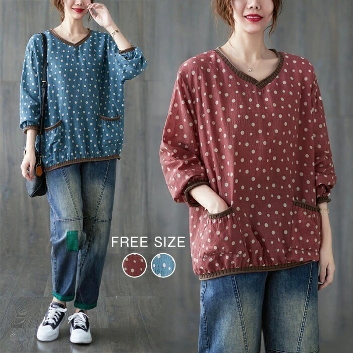 ブラウス シャツ レディース トップス 長袖 春 Vネック 可愛い 切り替え プルオーバー ドット 水玉　綿麻風 ナチュラル ゆるシルエット ゆったり オフィス おしゃれ 体型カバー シンプル