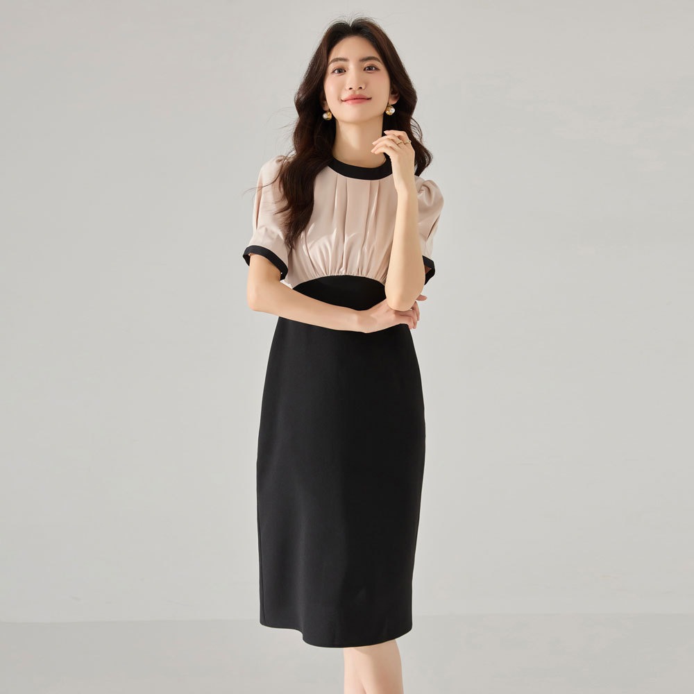 【送.料.無.料.急速発送】ひだをつまんで黒白にして腰を収めてやせて見えるワンピース