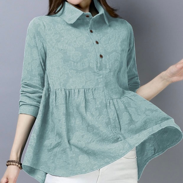 トップス シャツ ミディアム丈 袖あり 長袖 襟付き スタンドカラー Aライン ハイウエスト かわいい 大人可愛い シンプル カジュアル おしゃれ 大人女子 こなれ感 キュート ガーリー 抜け感 無地 5,933円