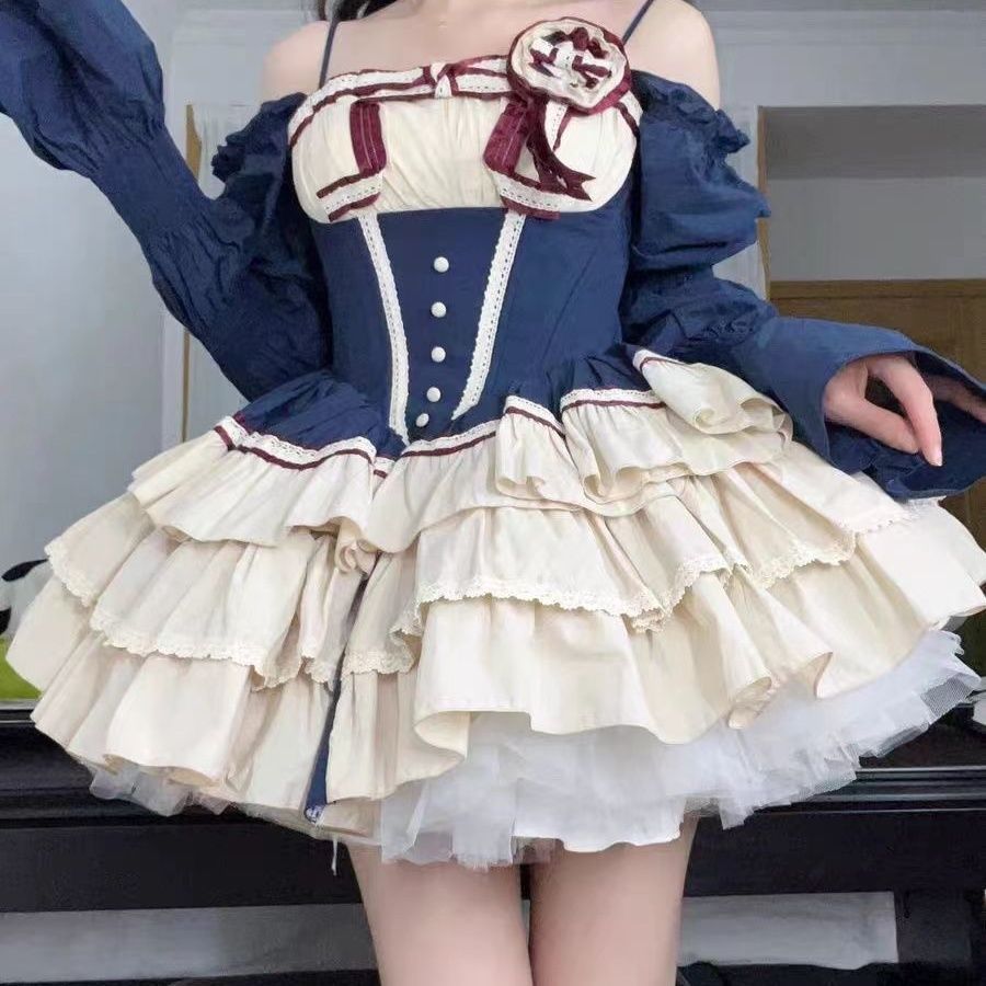 【送.料.無.料.急速発送】甘ロリータレトロな少女のぶつかり色肩にウエストを収めたケーキスカート重工業の減齢ファッションポンポンワンピース