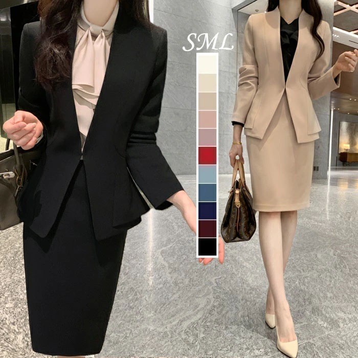 セットアップ レディーススーツ ノーカラー ぺプラム 正装 通勤