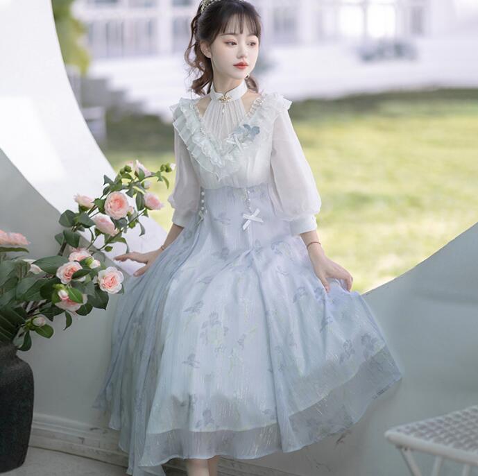 漢風 ロリータドレス ロング丈 七分袖ドレス Vネック シフォン ミモレ丈ドレス 仙女ドレス 古風 美人ドレス 中華風 改良漢服 古代 お嬢様 コスプレ コスチューム 学園祭 文化祭 撮影 イベント