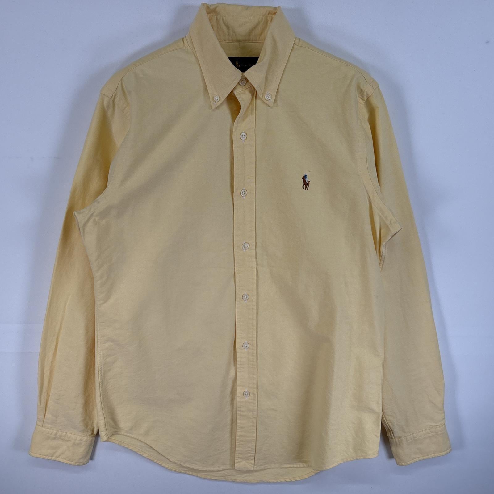 古着 長袖シャツ ワンポイント ロゴ 刺繍 ボタンダウンシャツ S イエロー 無地 メンズ