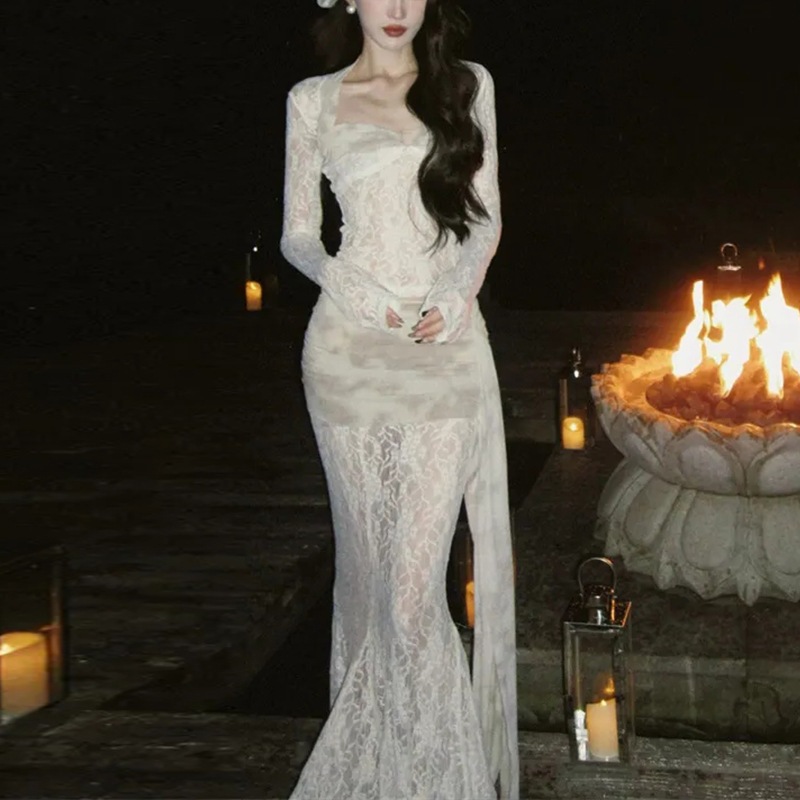 レースの縁取りが施された長袖トップスとスリムなロングスカートが特徴の春と秋向けの純粋で魅惑的なセクシーなレディース ツーピース セットです