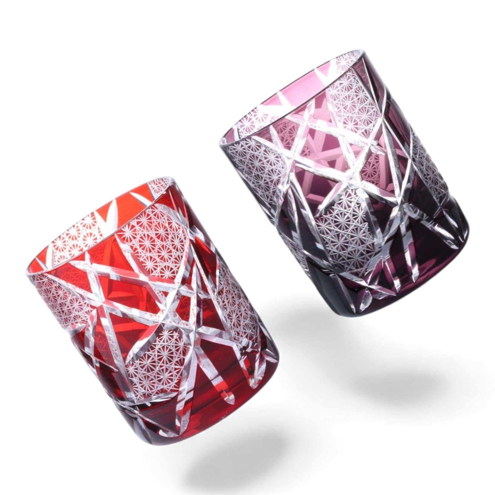 匠美風 ディナー ラグゼ 切子 ペア グラス カップ ロック グラス Φ70xH90mm 210cc 乱彫小紋 レッド & パープル 煌雅 PNO.334009