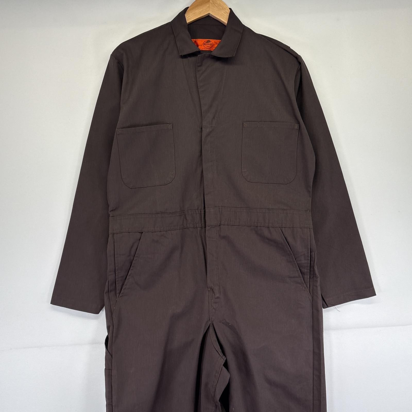 古着 長袖つなぎ オールインワン ワーク 作業着 無地 胸ポケット 40RG ブラウン メンズ