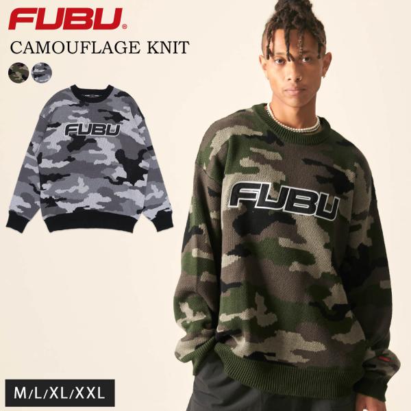 FUBU フブ セーター メンズ 長袖 秋 冬 ニット アクリル 綿混 クルーネック プルオーバー 迷彩柄 ミリタリー トップス ブランド ロゴ 大きいサイズ ゆったり