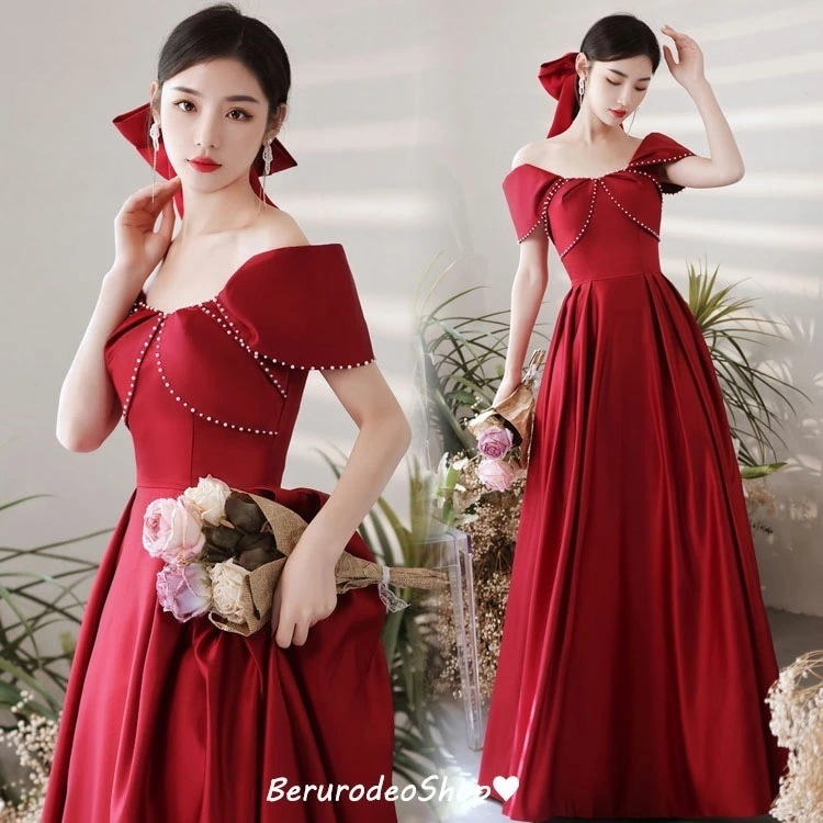 結婚式ドレス 二次会ドレス ワイン赤 サテン ロングドレス オフショルダー リボン ゲストドレス パール エレガント セクシー イブニングドレス パーティードレス ワインレッド ロング Aライン