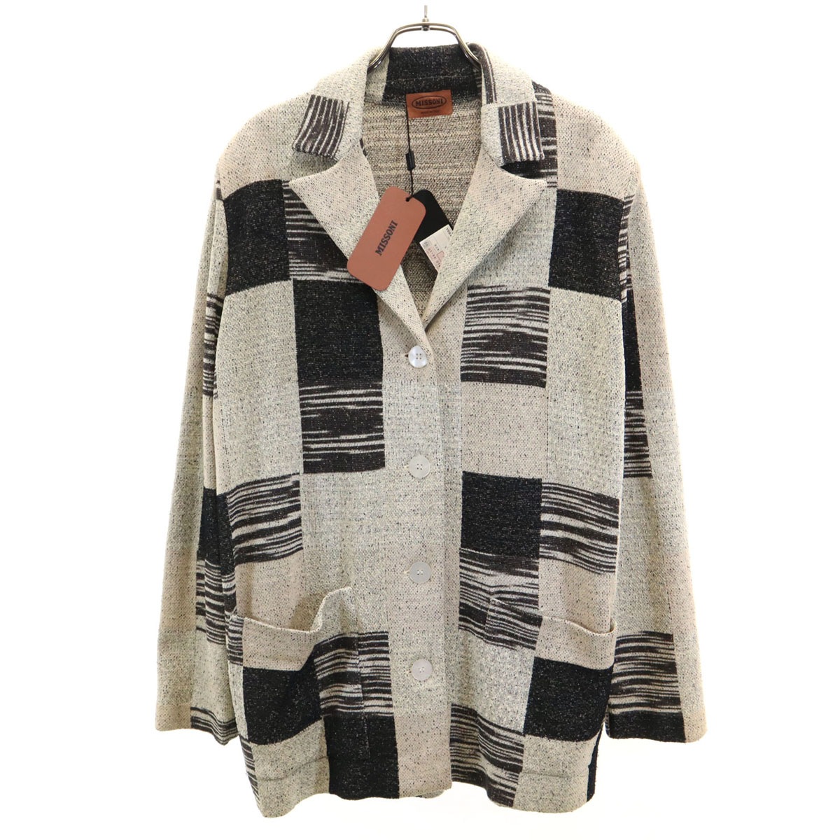 未使用 イタリア製 総柄 長袖 ニットカーディガン 44 ベージュ レディース 古着