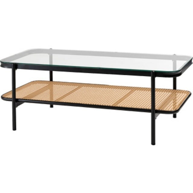 黒アイアン脚と人工ラタンのジャパンディなガラスのリビングテーブル ジャパンディ 北欧 インダストリアル センターテーブル ガラステーブル 黒 ブラック