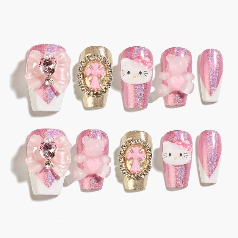 Sun&Beam Nails 手作り ネイルチップ ショート バレリーナ コフィン つけ爪 ピンク ホワイト 可愛い 痛ネイル デザイン 付け爪 10枚入 (#112 L)