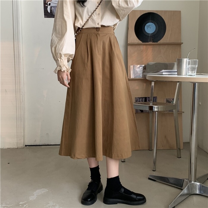 2色 スカート 春夏 カジュアル レディース フレアスカート ミモレ丈 ロング丈 アンクル丈 7分丈 ミディアム丈 ミドル丈 レギュラー丈 無地 黒 ブラック ベージュ くすみカラー 大人カラー かわ