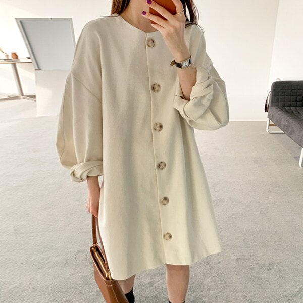 ワンピース 長袖 秋 カジュアル シャツワンピース ショート ショート丈 膝丈 ひざ丈 膝上 膝下 ミモレ ミモレ丈 ボリューム袖 ボリュームスリーブ Uネック ラウンドネック 襟なし ストレート I