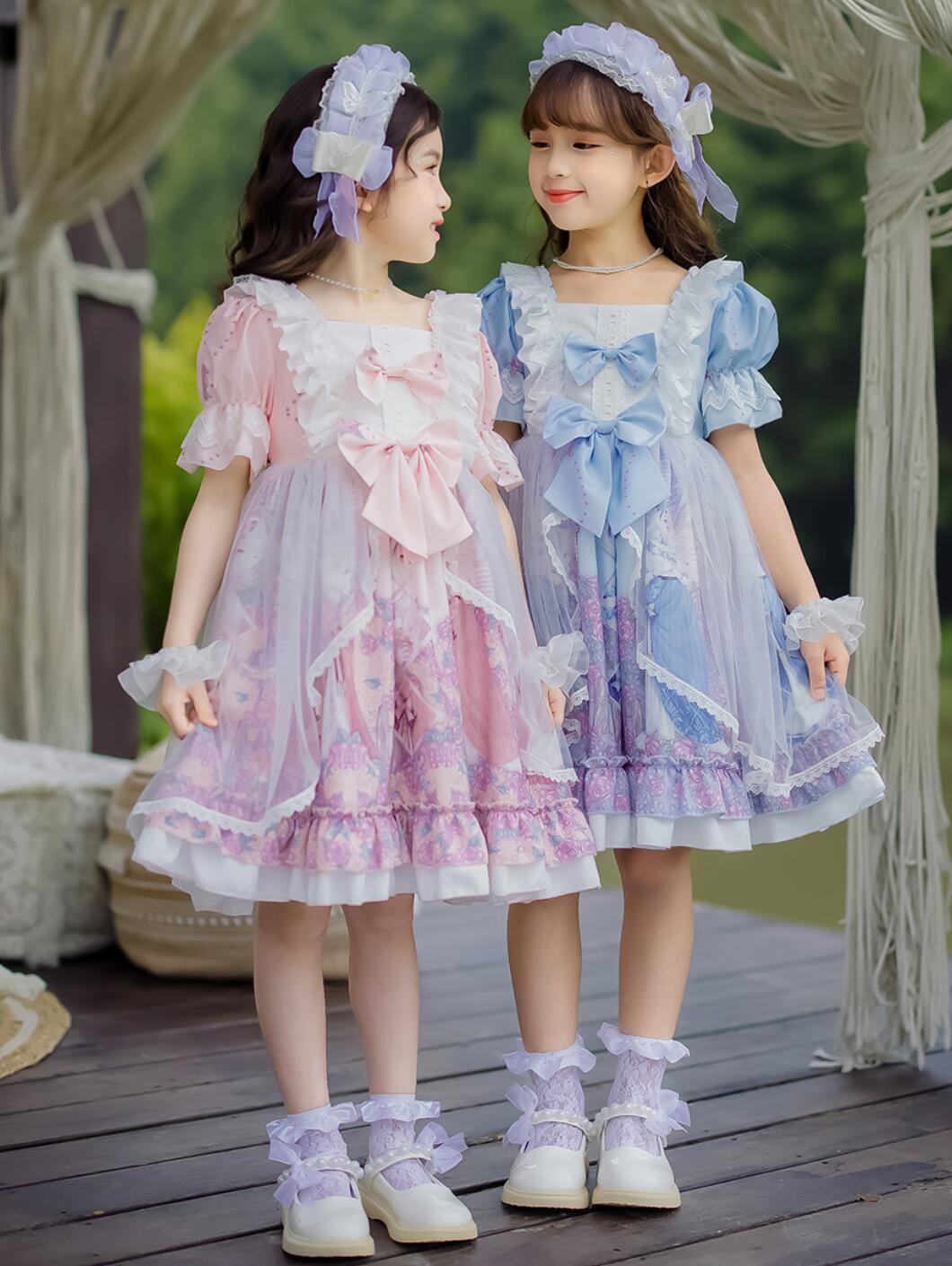 子供 ロリータ ワンピース 半袖 長袖 お姫様 ゴスロリ＆ロリータ ドレス 女の子 膝丈 lolita レースフリル チュール 蝶リボン 可愛い 子供服 ヘアバンドとパニエ追加 花プリント