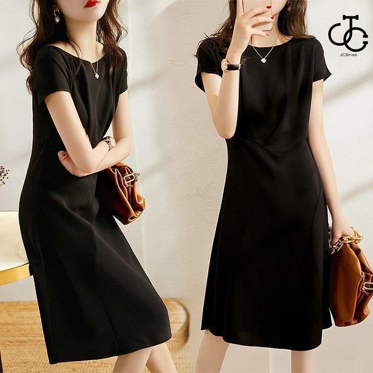 ワンピース レディース 40代 きれいめ 膝丈ワンピース 春夏新作 半袖ワンピース 黒シフォン ボートネック Aラインスカートオシャレ韓国風 大人 通勤OL ゆったり