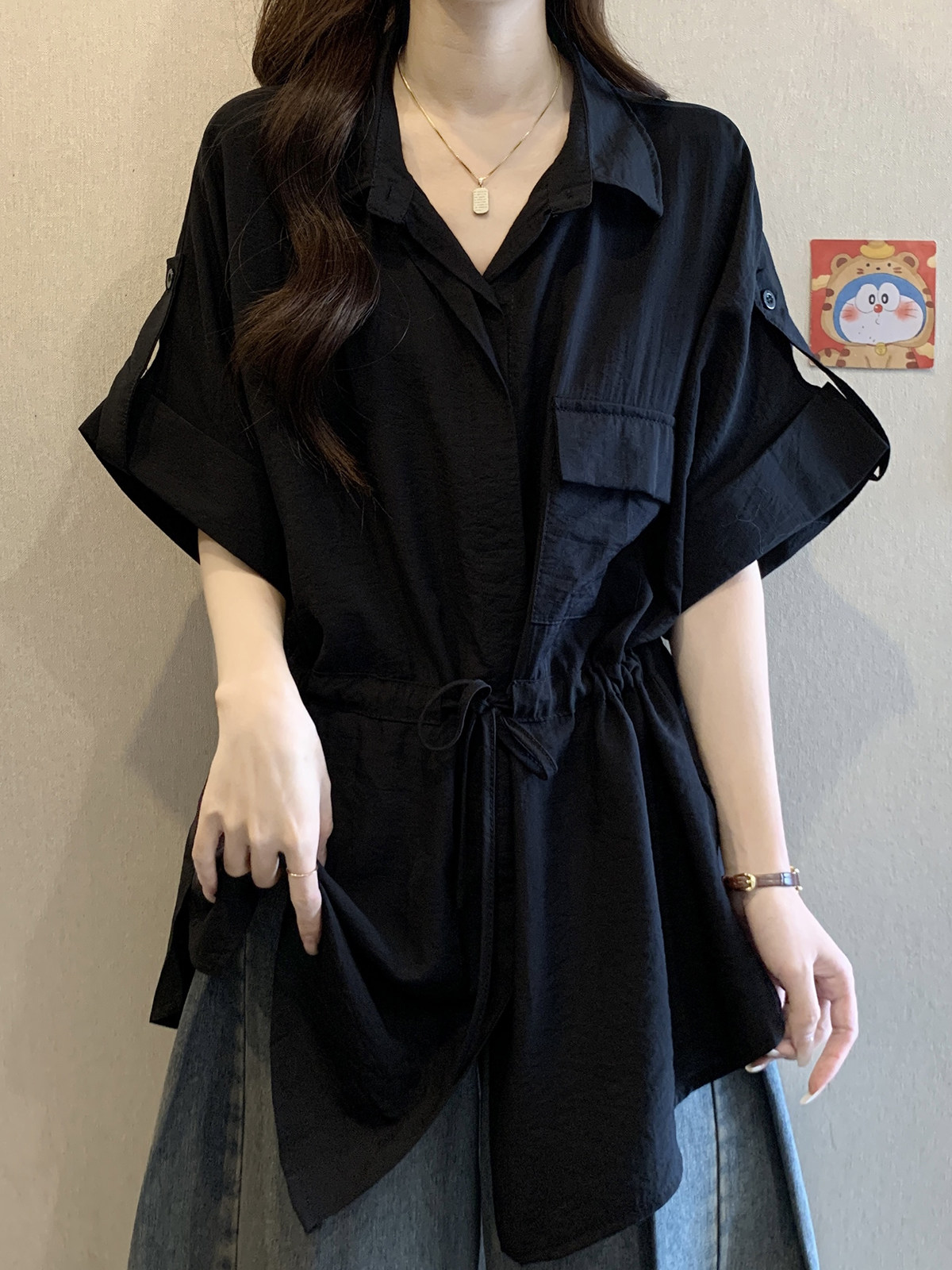 大きいサイズのドローストリングウエストシェイプお腹をカバーする半袖シャツ夏のぽっちゃりさん向けゆったり着痩せ効果のある万能トップス