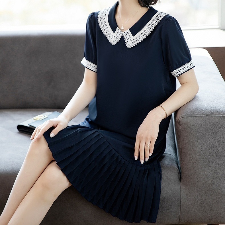 ワンピース レディース ミニワンピース S M L XL 2XL 3XL 4XL 韓国 ネイビー ミニ ミニ丈 袖あり 半袖 レース バイカラー プリーツ 裾コンシャス かわいい 大人可愛い きれいめ