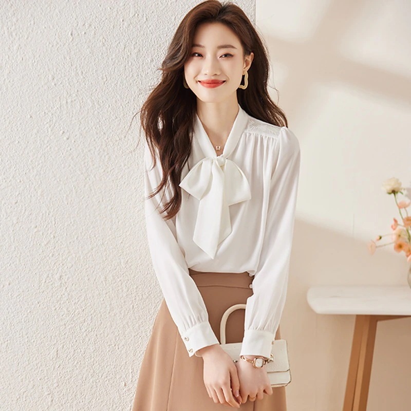 韓国ファッション大きいサイズレディース可愛いリボン襟シャツブラウス職業通勤インナー長袖トップスシャツ2024春服新作カーディガンフレンチ高級感