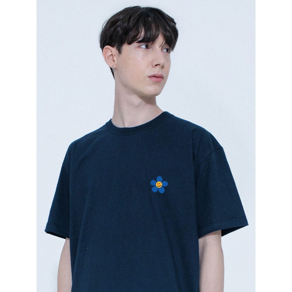 GRAVER ブルーフラワードットスマイルロゴ半袖Tシャツネイビー