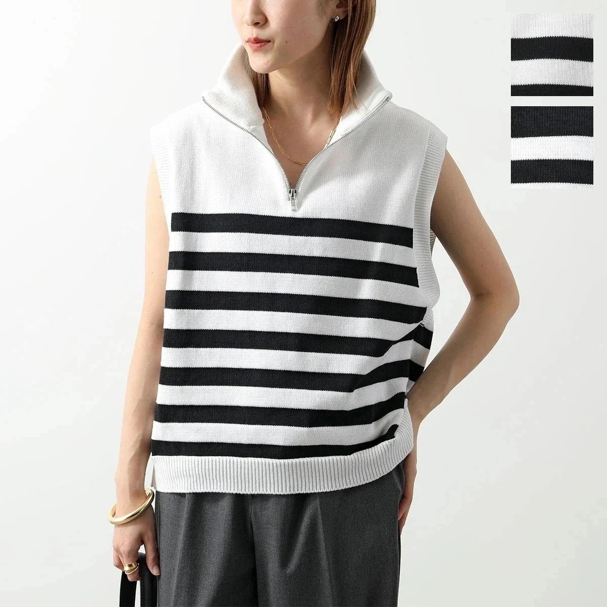 TRICOTS JEAN MARC トリコットジーンマーク ベスト HAMILTON レディース ニット コットンブレンド ボーダー ハーフジップ カラー2色