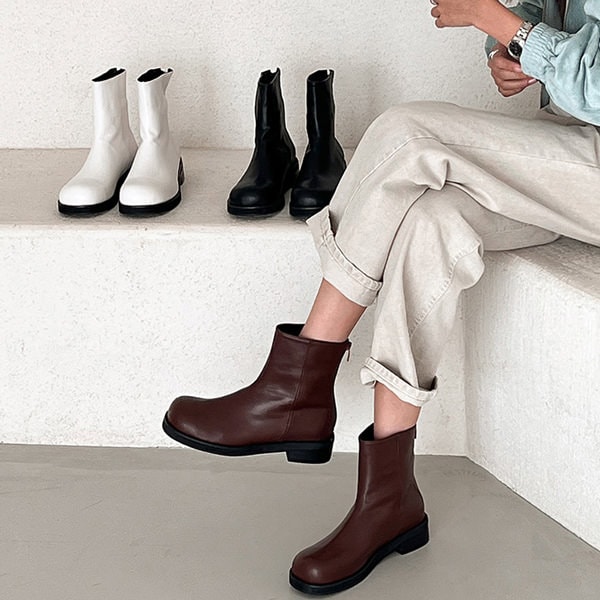 ショートブーツ ラウンドトゥ バックジップ フラット 黒 茶 白 ブラック ブラウン ホワイト