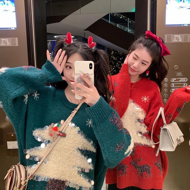 ベーシックニット ニットウェア 秋冬に着たい ベーシック セーター 韓国ファッション セミロング 厚手 クリスマス ニット セーター レディース トップス 百掛け 高級感 着痩せ トップス