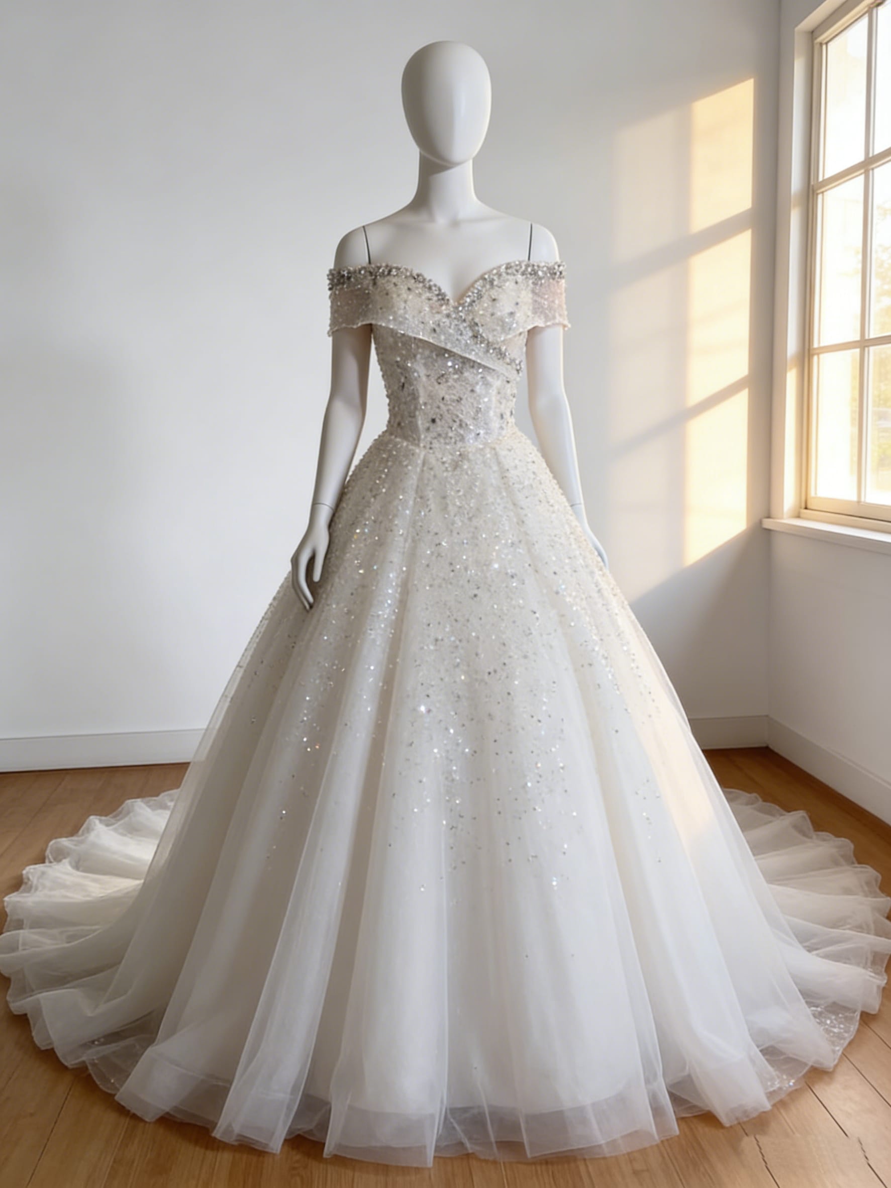 ウエディングドレス オフホワイト オフショルダー 韓国風ドレス キラキラのハンドビーディング 編み上げ 結婚式