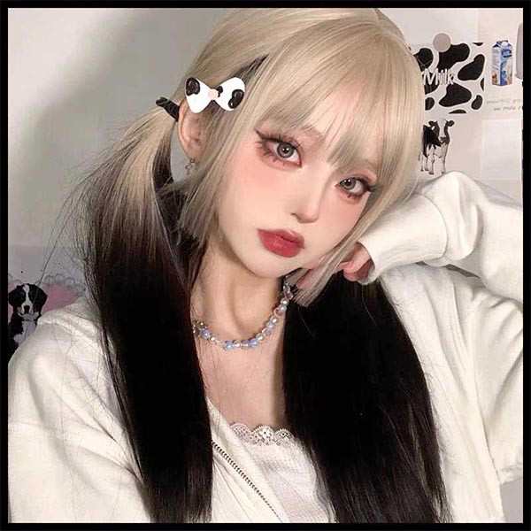 【新品】ウィッグ グラデーション ストレート 姫カット ロング レディース フルウィッグ ツートンカラー ぱっつん前髪 コスプレ ロリータ Lolita 原宿風 可愛い