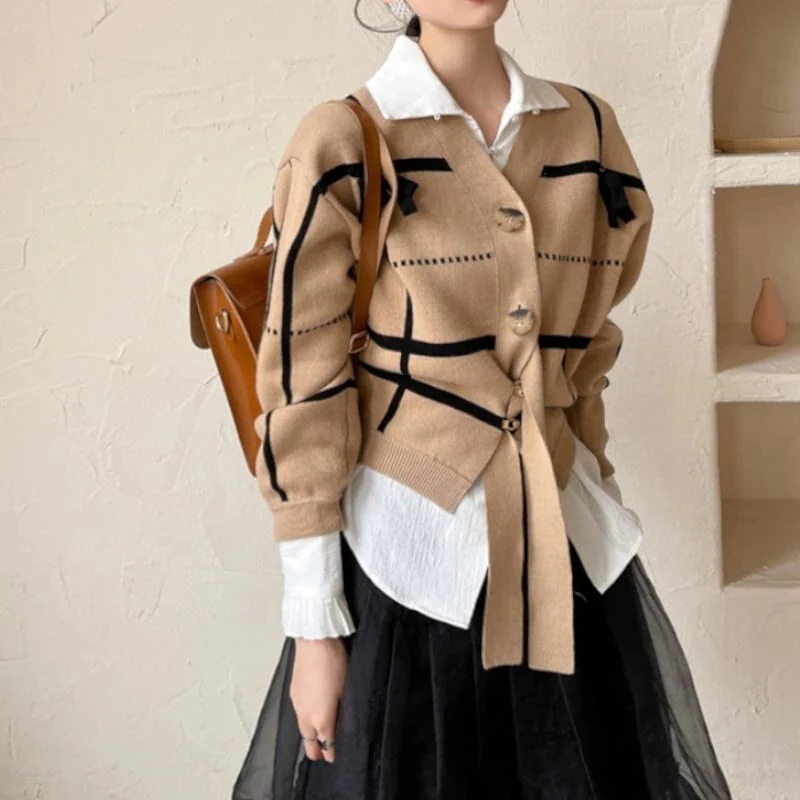 トップス セーター カーディガン 袖あり 長袖 ラウンドネック Aライン リボン かわいい 大人可愛い