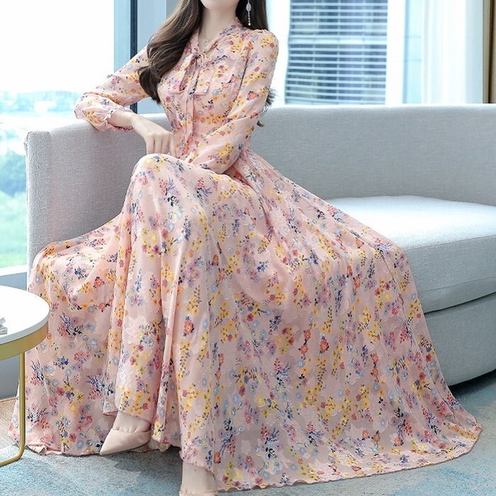 ワンピース レディース 花柄ワンピース 花柄 小花柄 フラワー シフォンワンピース シフォン ボウタイ リボン 長袖 フレアワンピース フレア ハイウエスト ウエストマーク リボン 4,858円