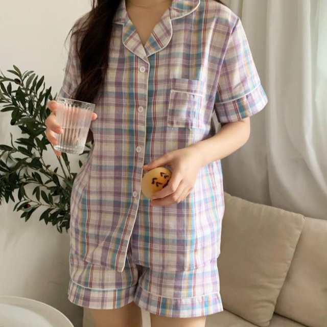 新品 パジャマ ルームウェア レディース 春夏 半袖パジャマ チェック柄シャツパジャマ ルームウェア 上下セット 韓国風 可愛い 部屋着 寝巻き オシャレ