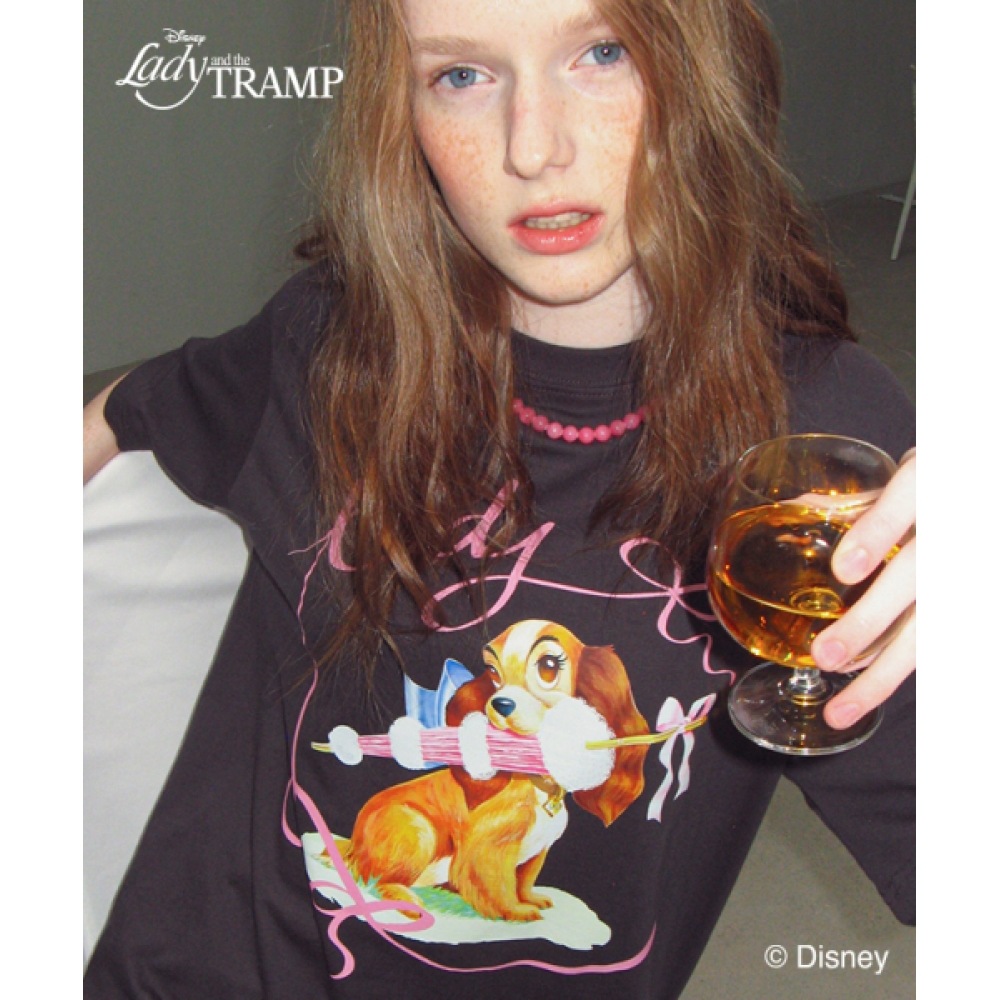 ロンロンリボンレディードッグオーバーフィット Tシャツチャコール