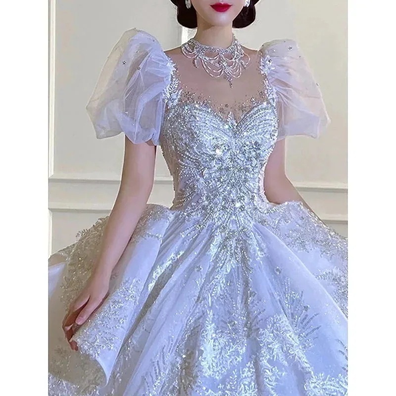 パフスリーブプチウェディングドレス2024花嫁重工感ビッグテール2024