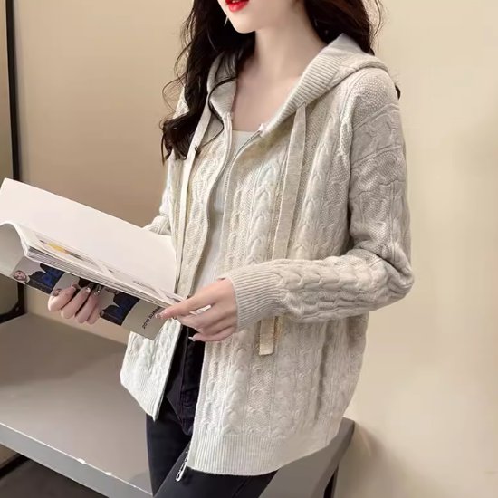 ニットパーカー レディース パーカー ニットカーディガン 羽織 トップス セーター フード付き フロントジッパー 長袖 ケーブル編み 春秋 カジュアル お出かけ おしゃれ 女性 ファッション
