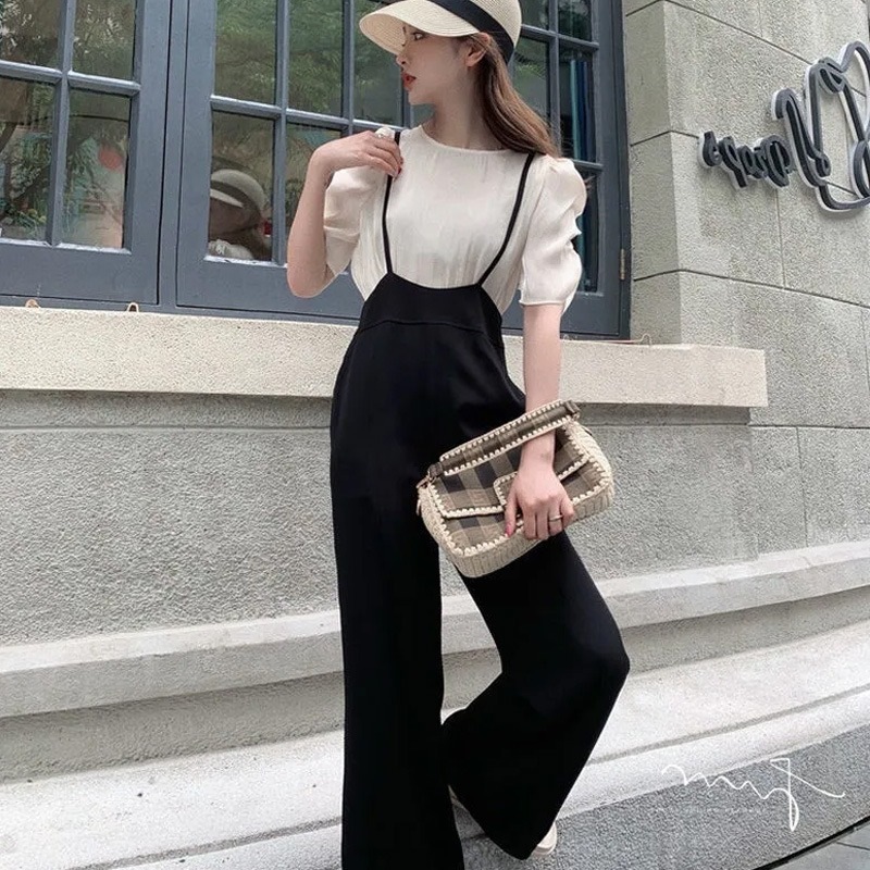 サロペットパンツ パフスリーブ セットアップ 2点セット 大きいサイズ 2XL 3XL 4XL 5XL ブラウス Tシャツ 韓国 レディース オルチャン かわいい 可愛い 大人可愛い