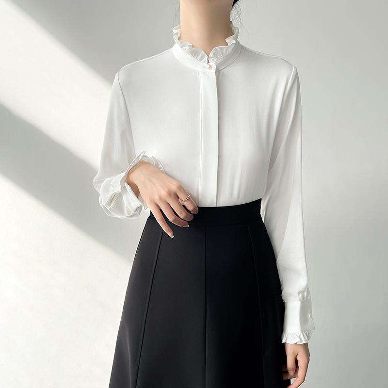 ブラウス 韓国 白 シャツ レディース 秋冬 スタンドカラー フリル トップス シンプル 上品 オフィス ビジネス フォーマル セレモニー パーティー