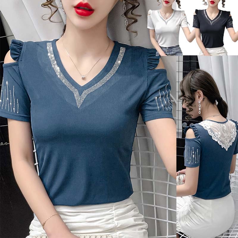 トップス Tシャツ 青L 即納 S-XL 黒 白 予約 レディース フリル 肩開き 2465086