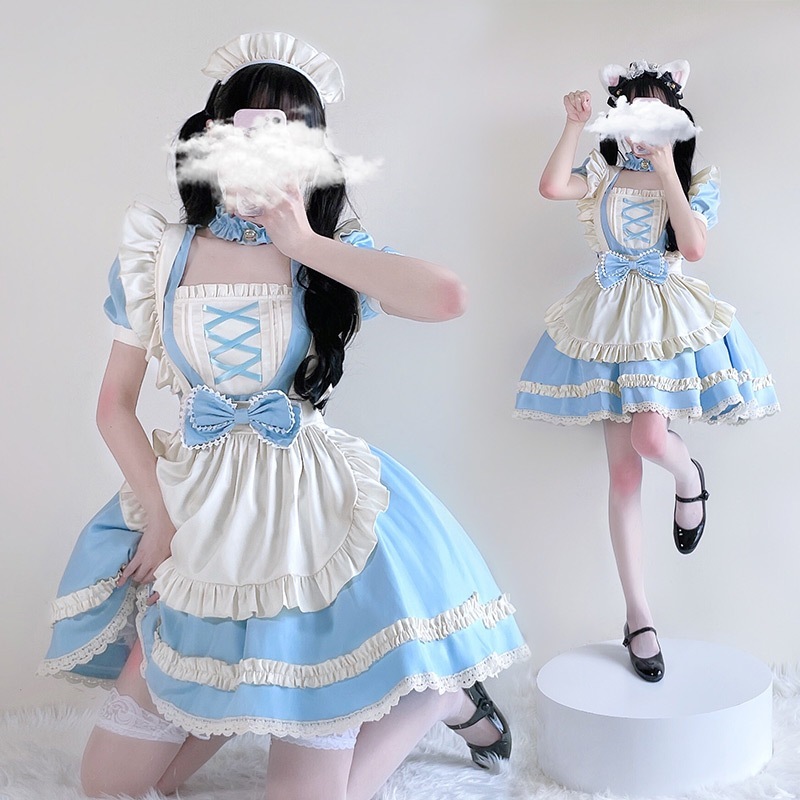 ブルーアリスメイド服ロリータOP半袖コスプレ衣装cos脱出プリンセスドレス