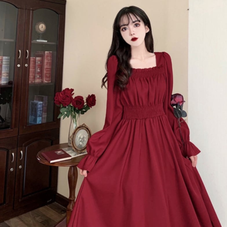 ワンピース デート ミモレ ミモレ丈 袖あり スクエアネック 春 秋 10代 20代 30代 個性的 レッド ブラック M L XL 2XL 3XL 4XL ウエストマーク パフスリーブ こなれ感