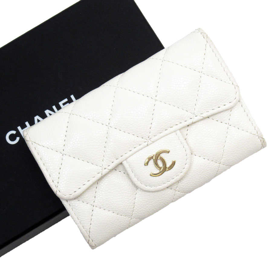 シャネル CHANEL カードケース マトラッセ キャビアスキンレザー オフホワイト ゴールド レディース w0847k