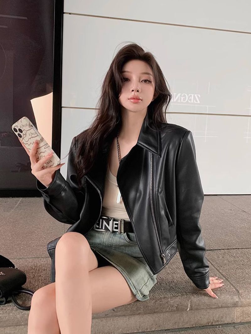 人气作アウターアメリカンスタイルバイクウェアレザージャケットジャケットレディース韓国ファッション流行りトップスショット丈革ジャンレディース着痩せ秋ジャケットルーズスリムブラ