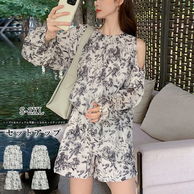 セットアップ レディース 上下セット プリント シフォンブラウス オフショルダー セパレート 長袖 トップス ショートパンツ ボトムス 体型カバー 着痩せ 夏服 可愛い 韓国ファッション