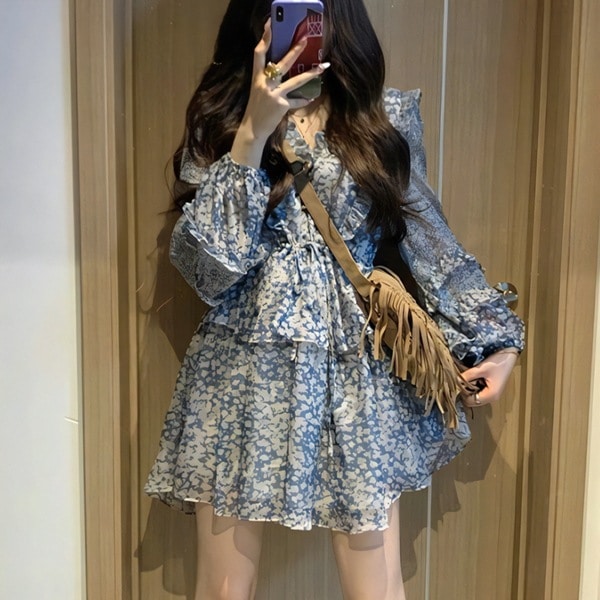 ティーブレイクフレンチブルーの花柄ドレス レディース ワンピース ドレス ミニ 膝上 長袖 パフスリーブ Vネック Aライン プリーツ レース フリル ハイウエスト かわいい カジュアル 上品