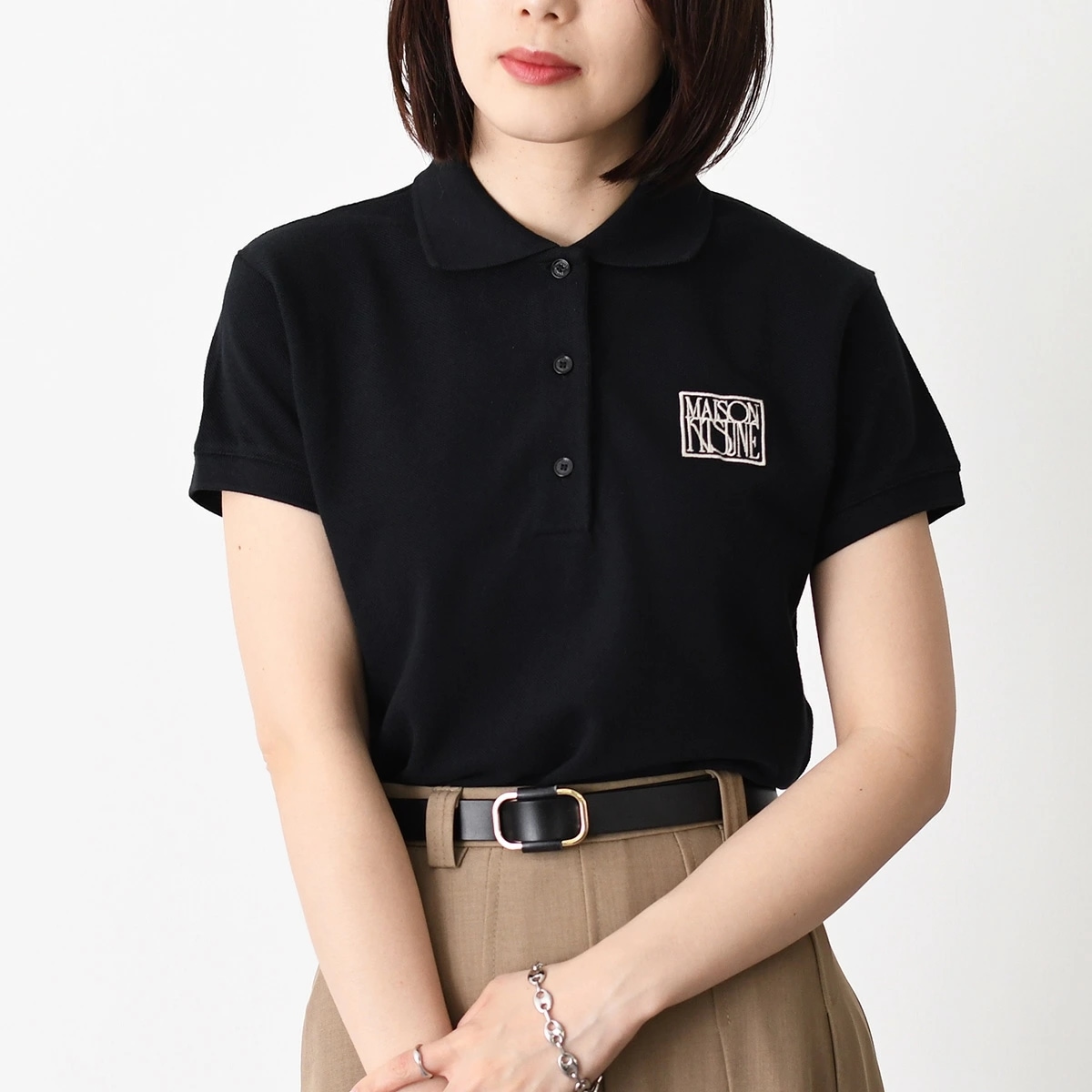 ポロシャツ MAISON KITSUNE STAMP クロップド ポロ QW00200 KP0001 レディース ブラック オーガニックコットン コットン