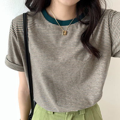 2023夏服 クルーネック 細ボーダー Tシャツ 半袖 カッ...のサムネイル