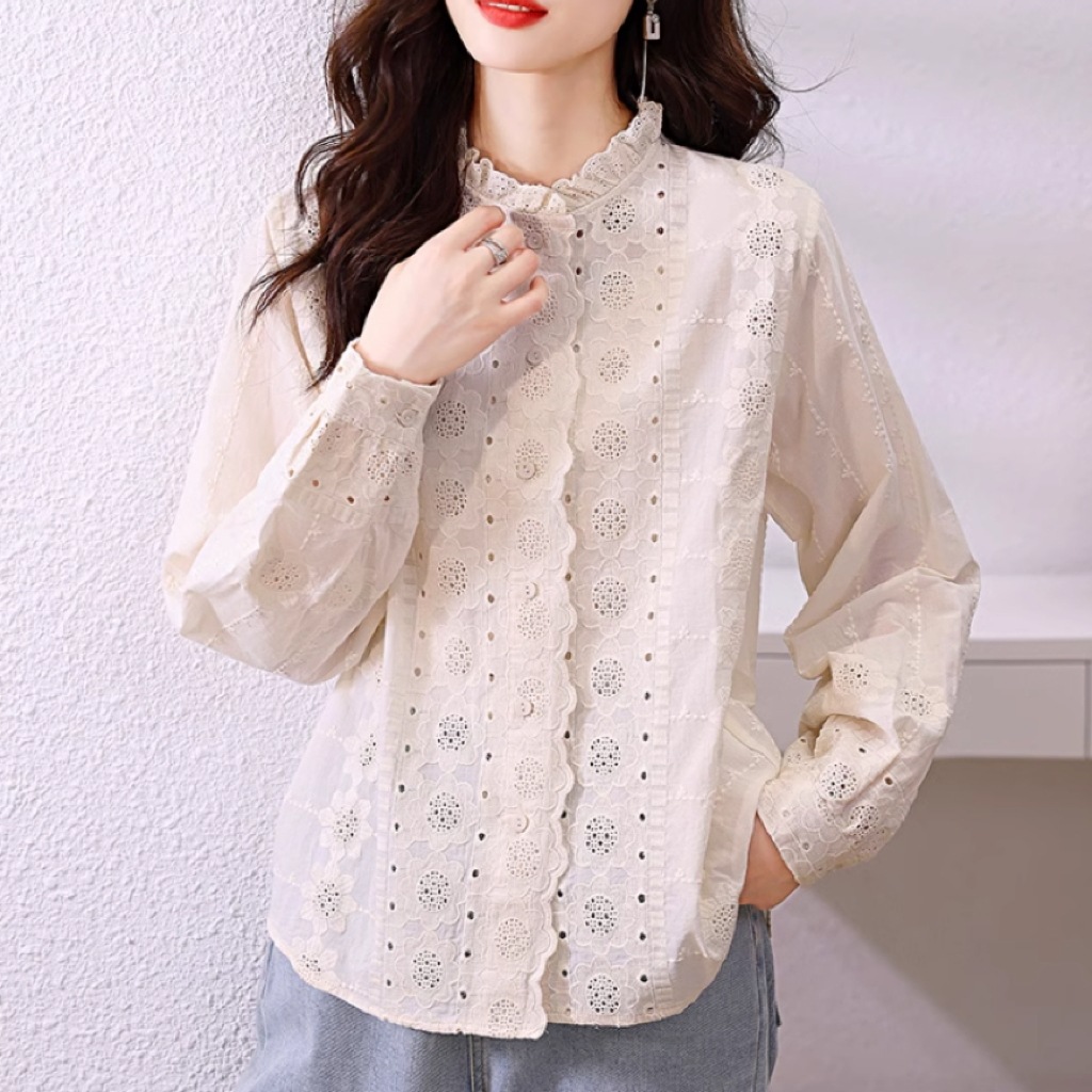 レディース トップス シャツ ブラウス 長袖 襟付き スタンドカラー オーバーサイズ フェミニン 刺繍 ボタン かわいい 大人可愛い おしゃれ こなれ感 ガーリー 主役級 ラブリー キュート