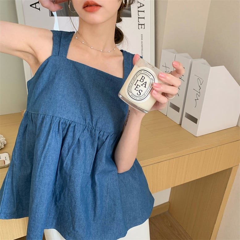 レディース デニムフレアキャミソール タンクトップ フレアキャミブラウス ペプラム トップス