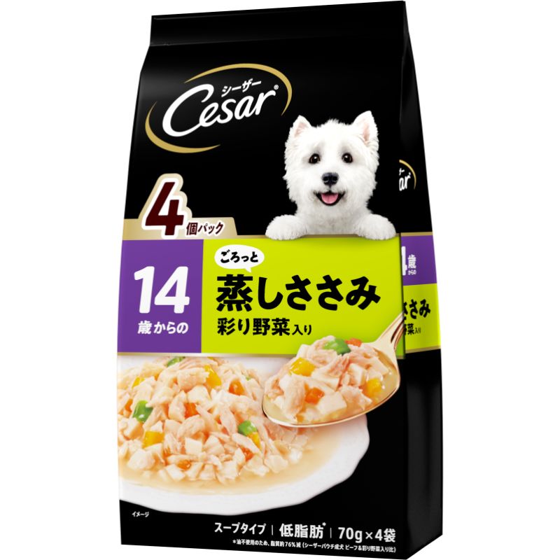 （まとめ買い）マース シーザー 14歳からの ふっくら蒸しささみ 彩り野菜入り 70gx4袋 犬用フード [x12]