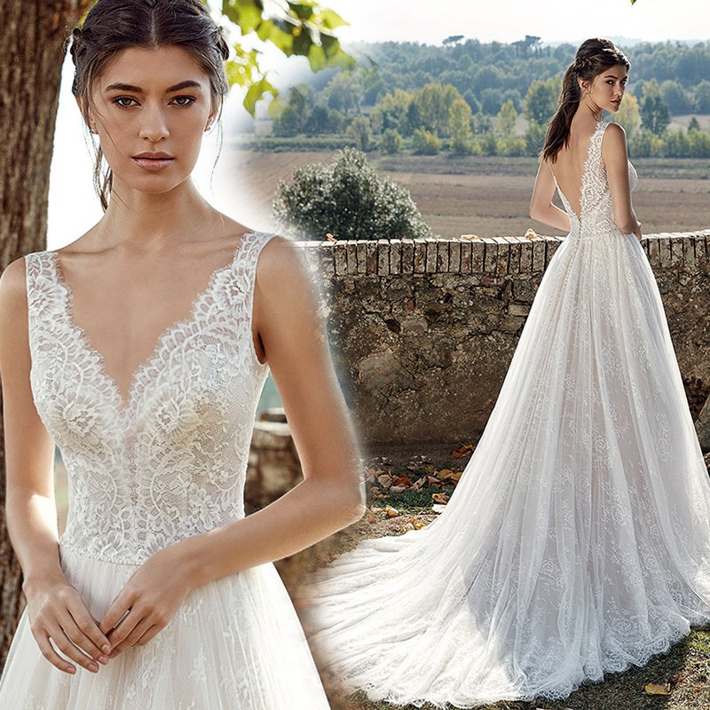 ウェディングドレス 結婚式 二次会 ホワイト 花嫁 Ａラインドレス 白ドレス ロングドレス 披露宴 Ｖカット バックレス トレーンライン レース プロムドレス