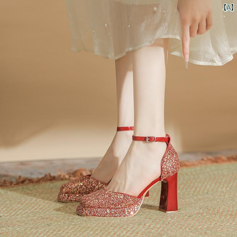【今季トレンド】ヒール レディース パンプス 美脚 フランス メリージェーン ハイヒール 防水 靴 小柄 太ヒール 歩きやい チャンキー レッド 花嫁 メイン ウェディングドレス シューズ